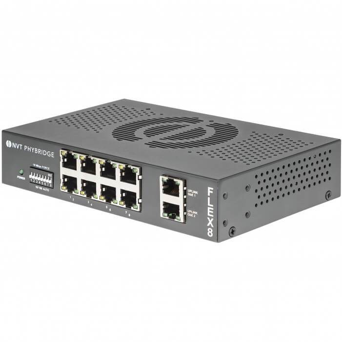 NVT Phybridge NV-FLX-08-RL 8 Port PoE + Unmanaged Switch with Power Supply with DC Filter and IEC Line Cord